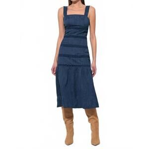 NEW ADELYN RAE sable tiered lace insert midi dress in navy